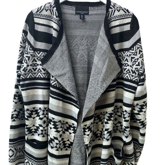Cynthia Rowley Long Cardigan Plus Size 1X Open Sweater Black Aztec Wool Blend Du - Picture 2 of 10